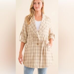 Neutral Plaid Drawstring Blazer Jacket - Beige